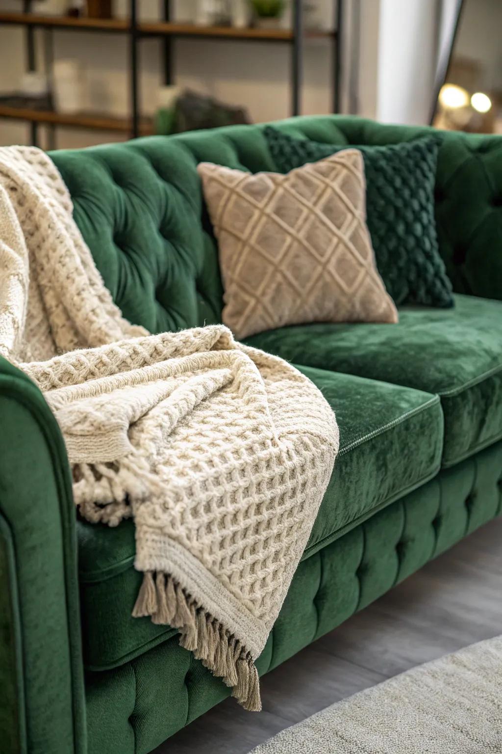 A cozy living space featuring a green velvet sofa and layered textured throws.