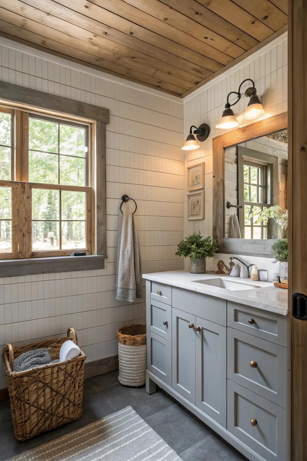 Paneled walls add charm to the farmhouse-style bathroom.