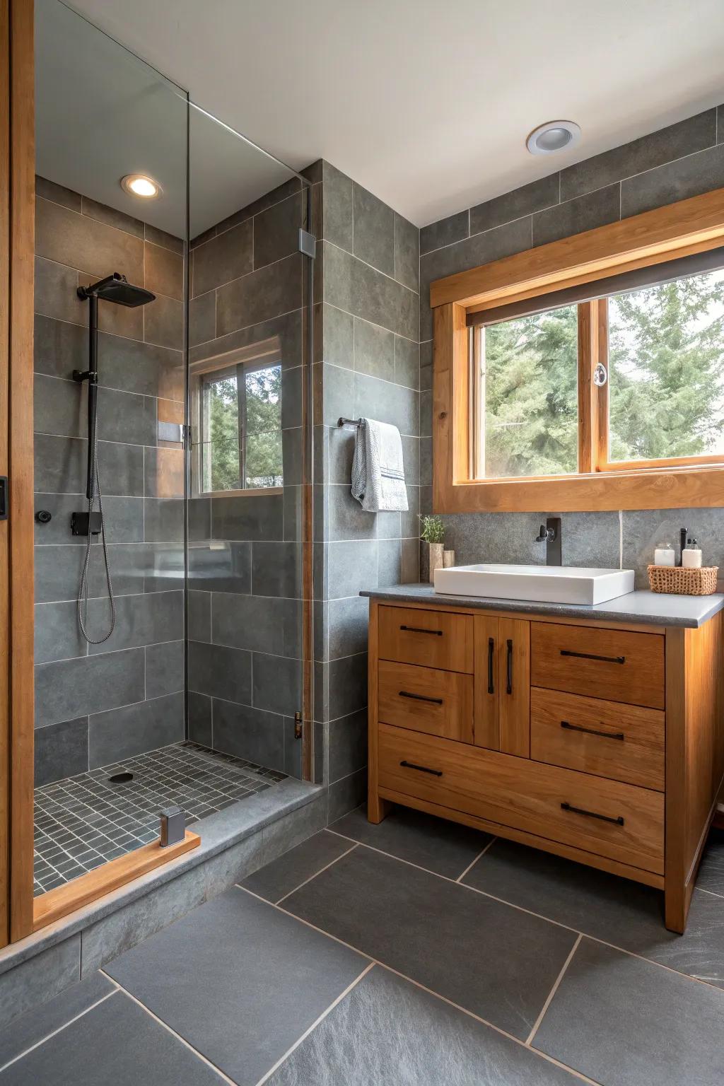 Warm wood tones complement the cool shale bathroom.