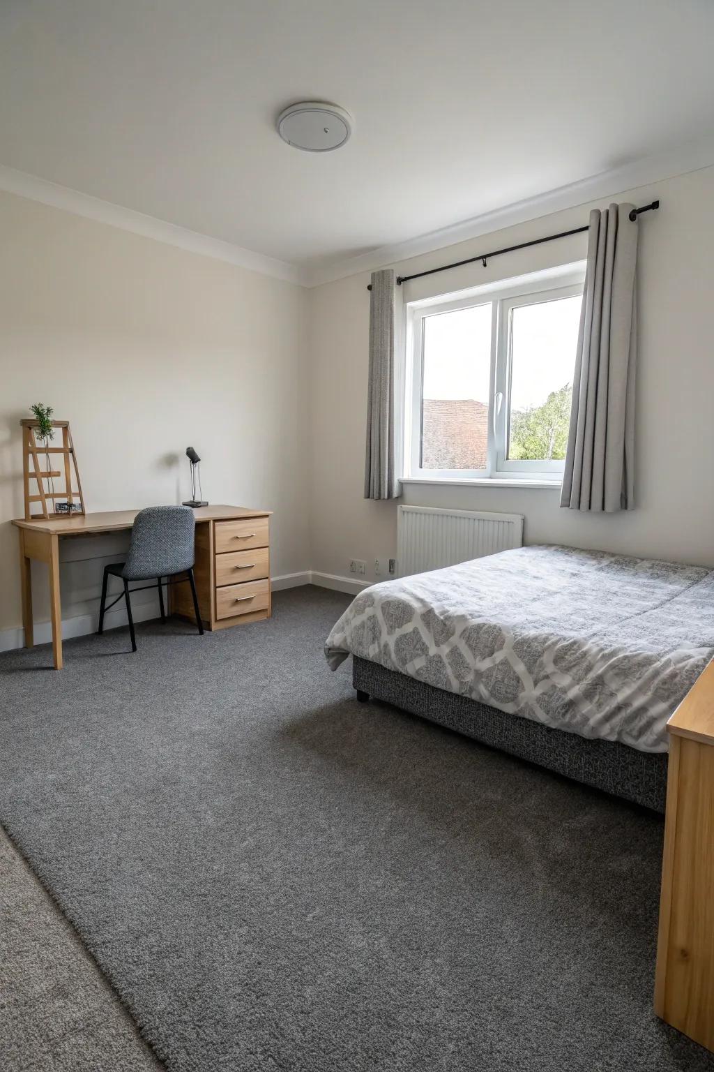 A minimalist design enables the grey carpet to serve as the focal point of the room.