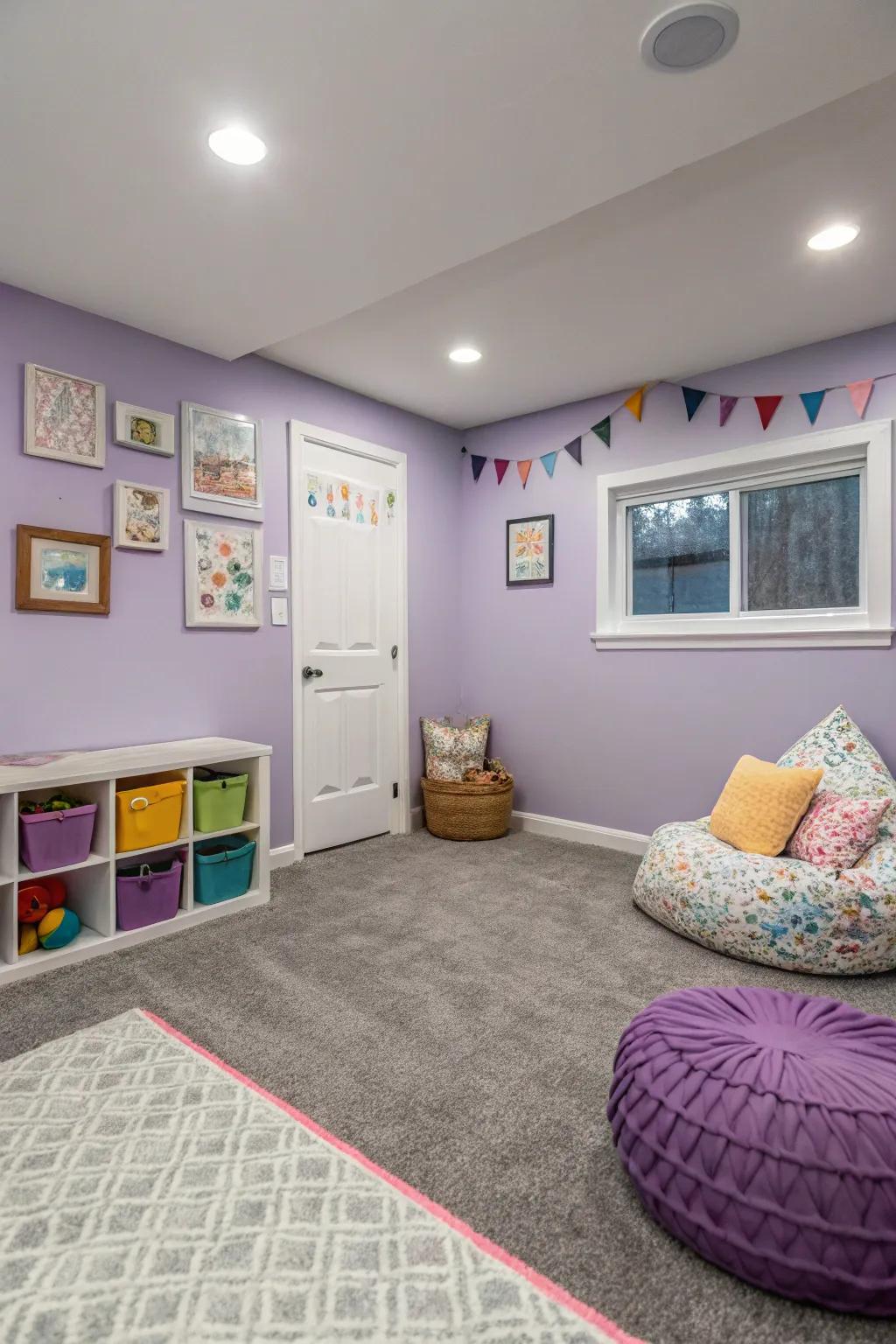 Lavender walls add whimsy and charm to rooms with grey carpet.