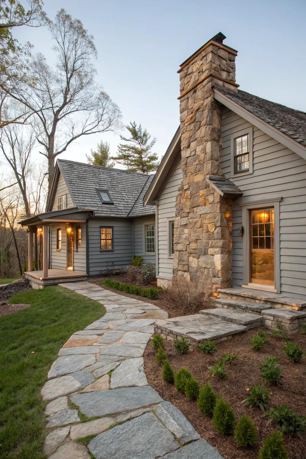 Country stone elements inject an earthy touch to grey facades.