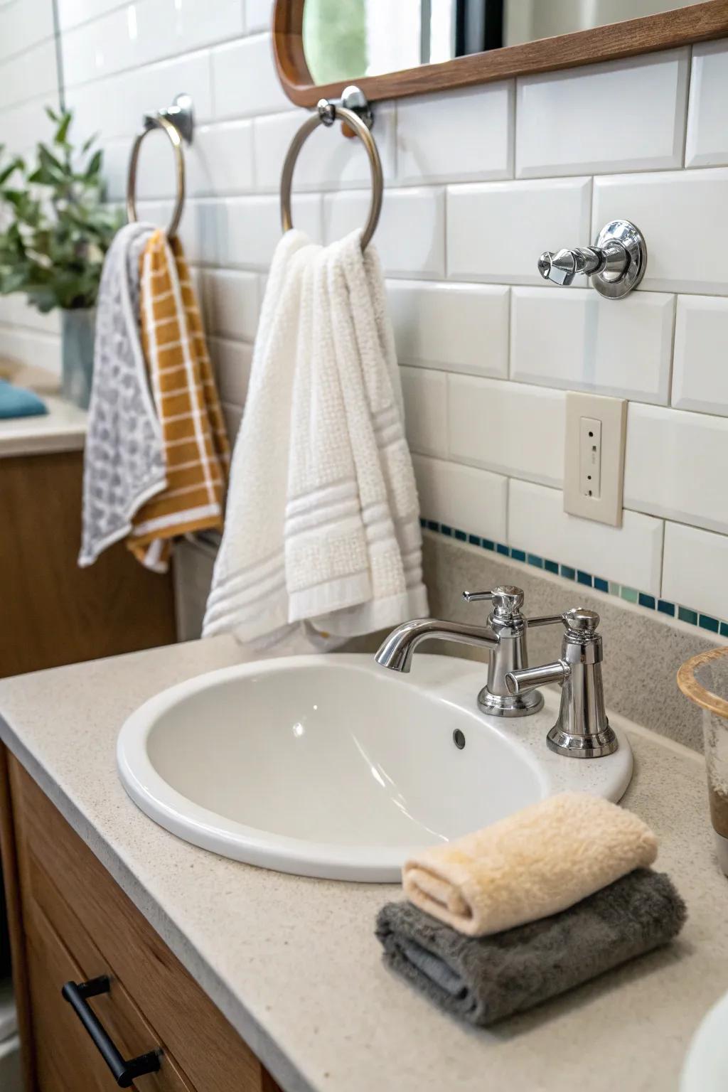 Towel hooks offer convenient and elegant access.