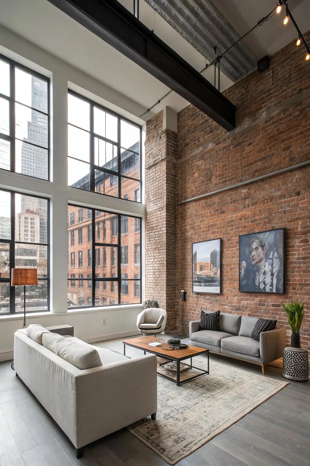 A up-to-date studio apartment with a brickwork accent wall paying homage to its factory-inspired past.