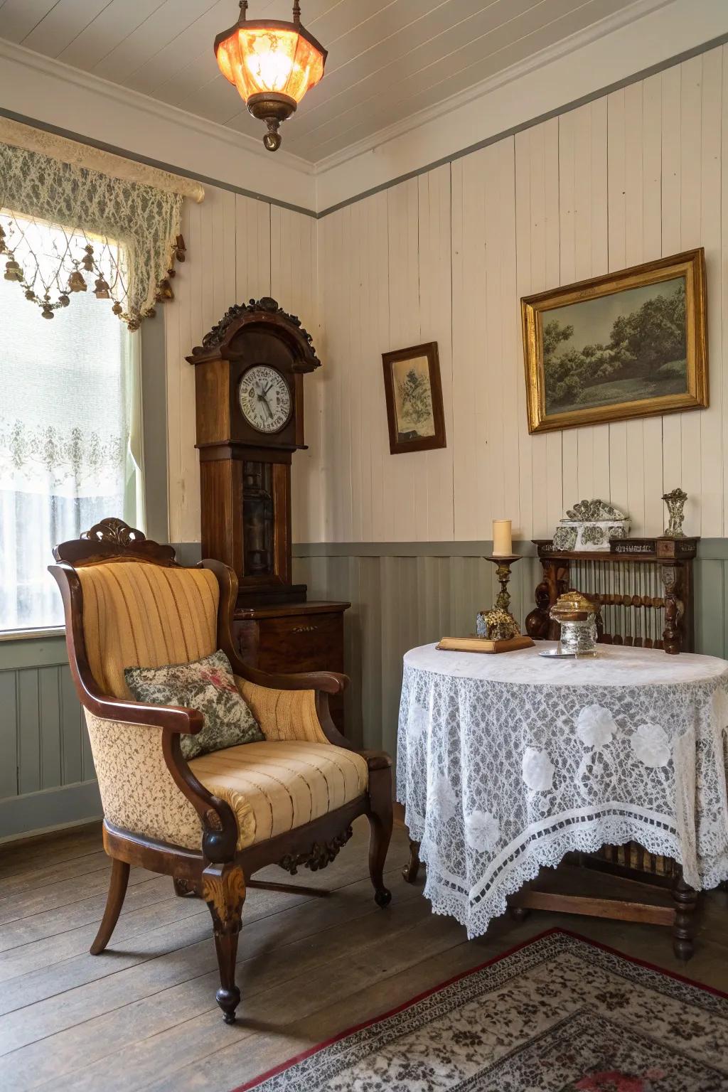 Elaborate chair rails and shiplap evoke vintage charm.