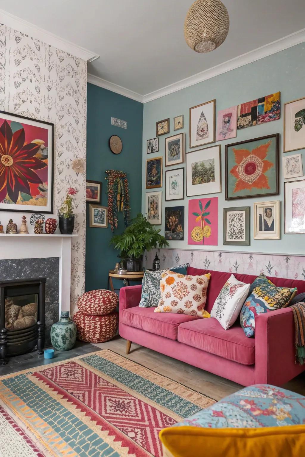 An eclectic living space featuring intermixed wallcovering designs and contrasting pigment, showcasing audacious style.