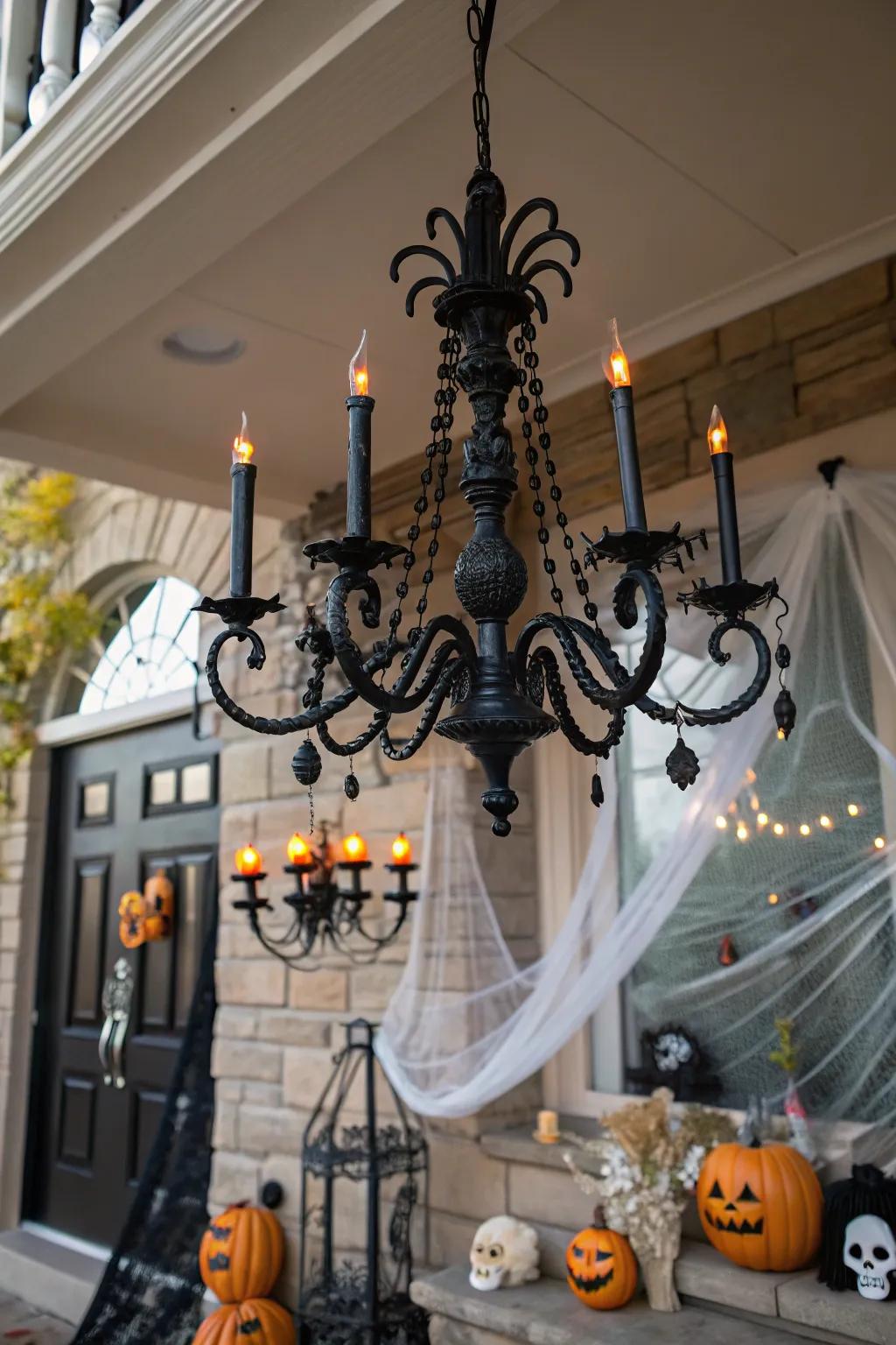A black chandelier sets a haunting mood for Halloween.