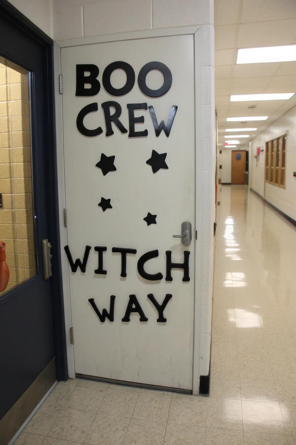 Sinister phrases infusing a playful element into the Halloween entrance.