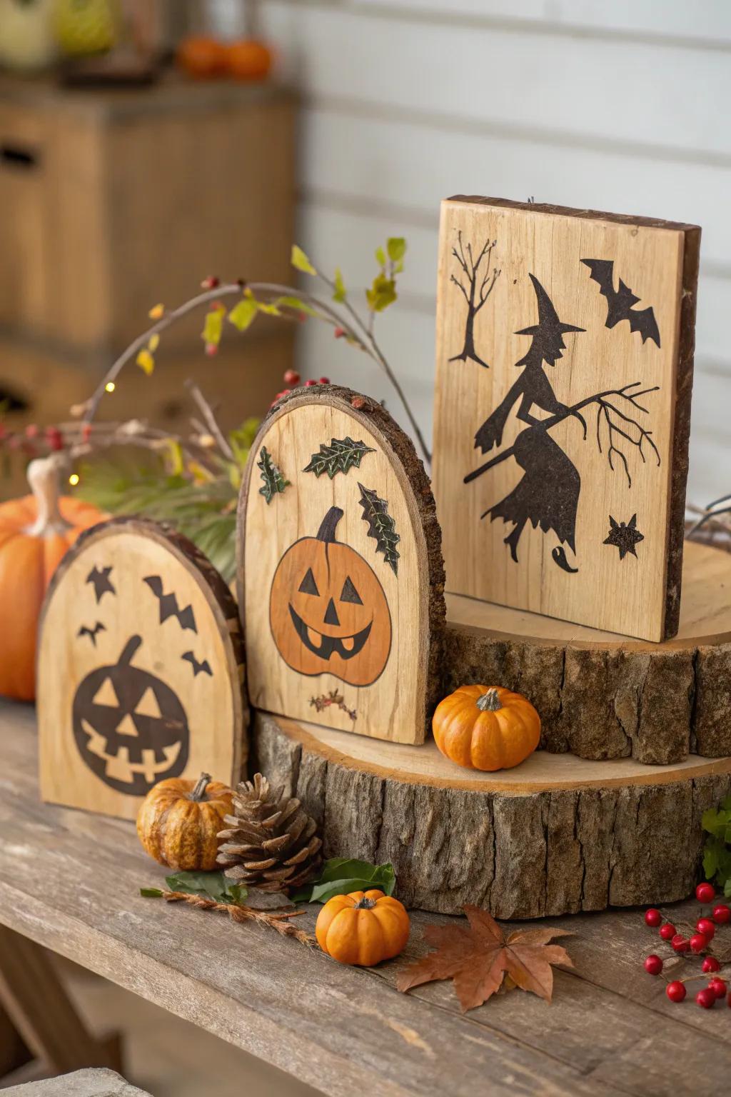 Rustic timber plaques introducing nature into Halloween decoration.