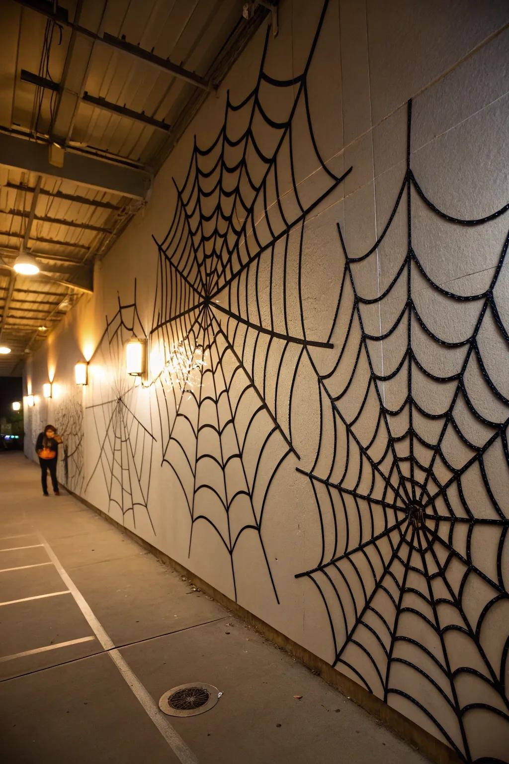 Arachnid web wall decoration makes a dramatic Halloween effect.