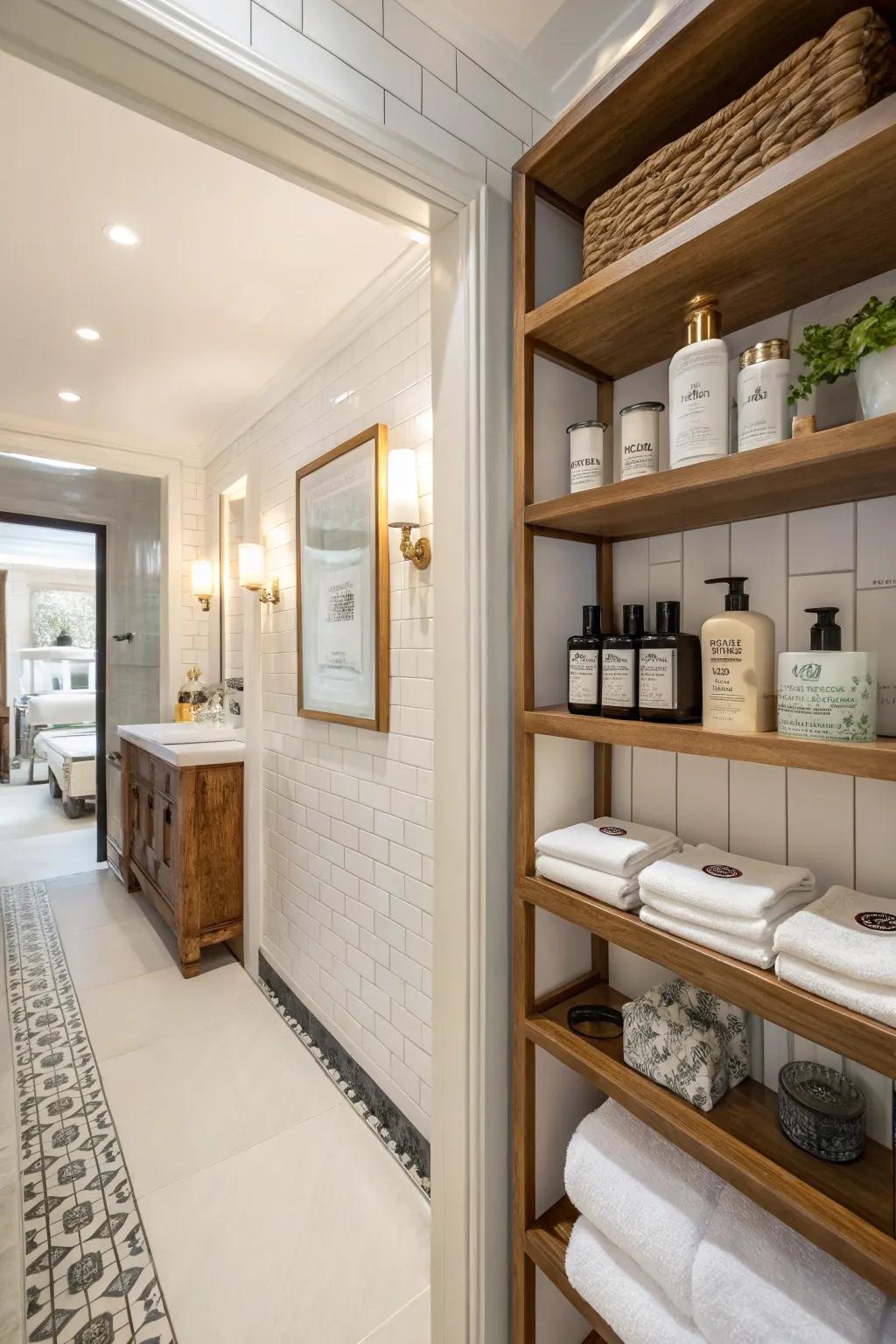 Display shelving offers both style and accessibility.