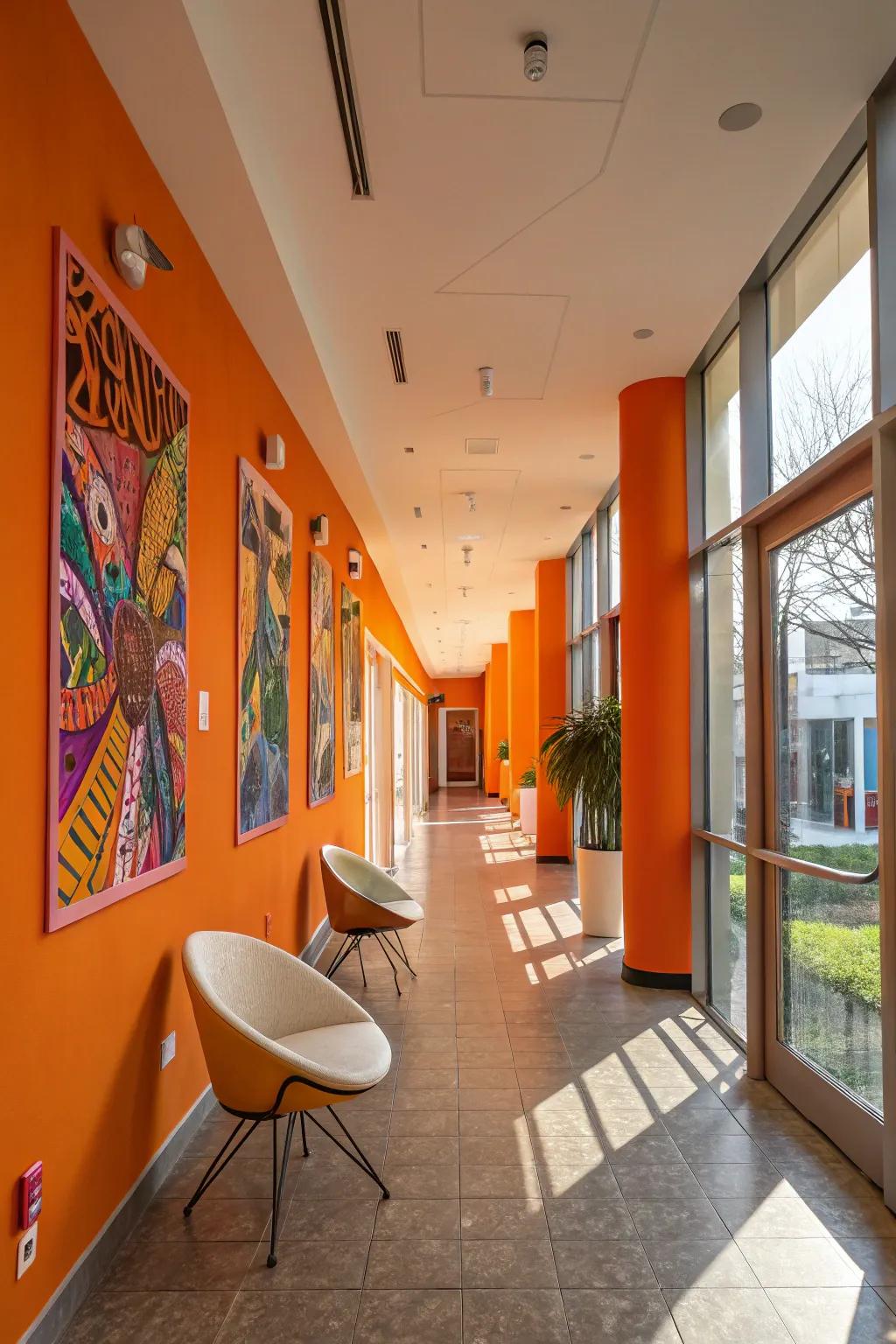 Orange hues bring a cheerful and energetic vibe to hallways.