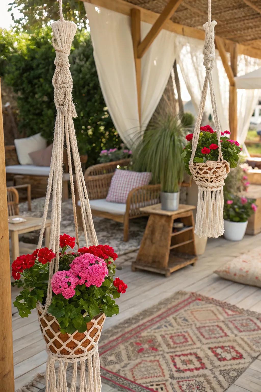 Macramé slings bring an eclectic vibe to geraniums.