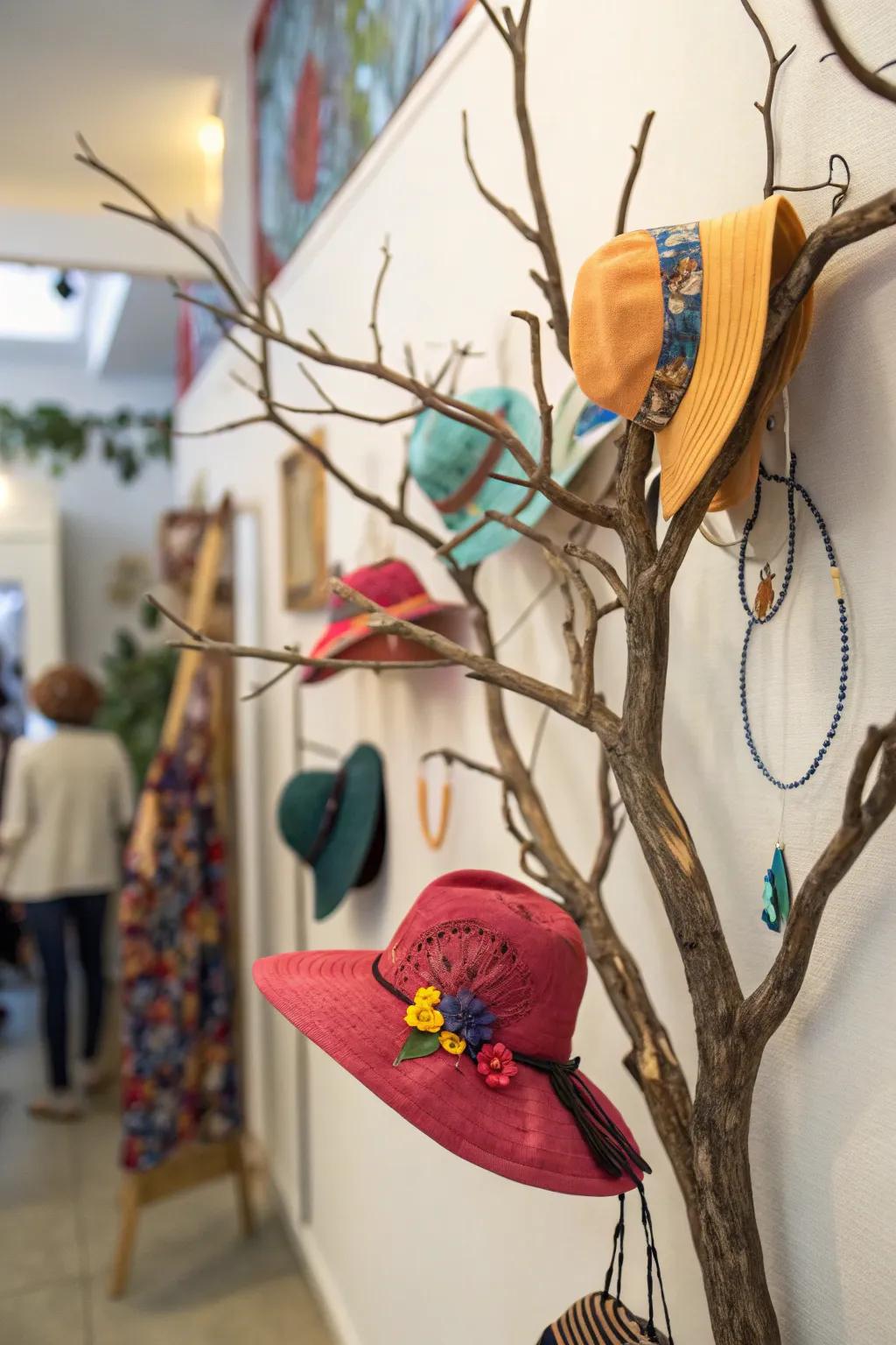 An artistic branch incorporates a whimsical inflection to your hat exhibit.