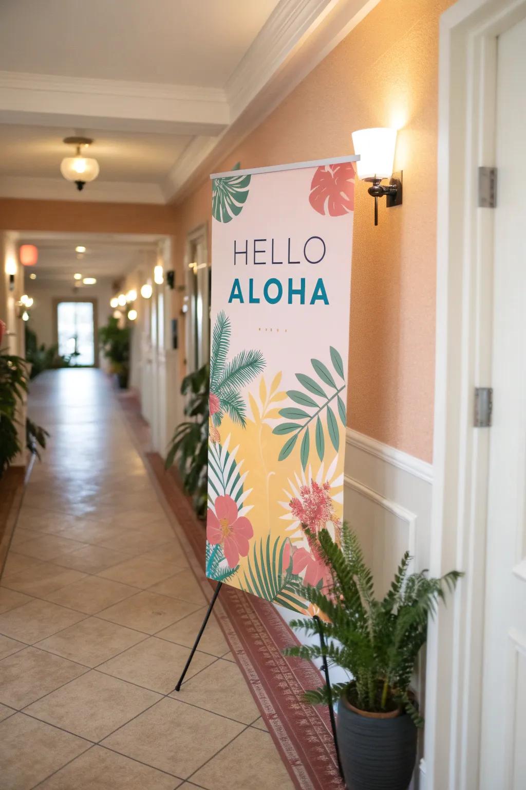 A poster with 'Hello Aloha' text that gives a warm welcome in a hallway.