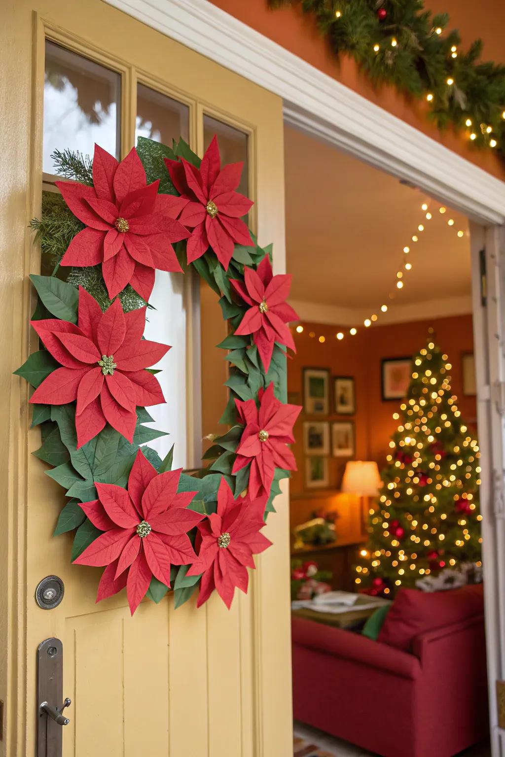 A handmade circle blending traditional poinsettias with a personal touch.