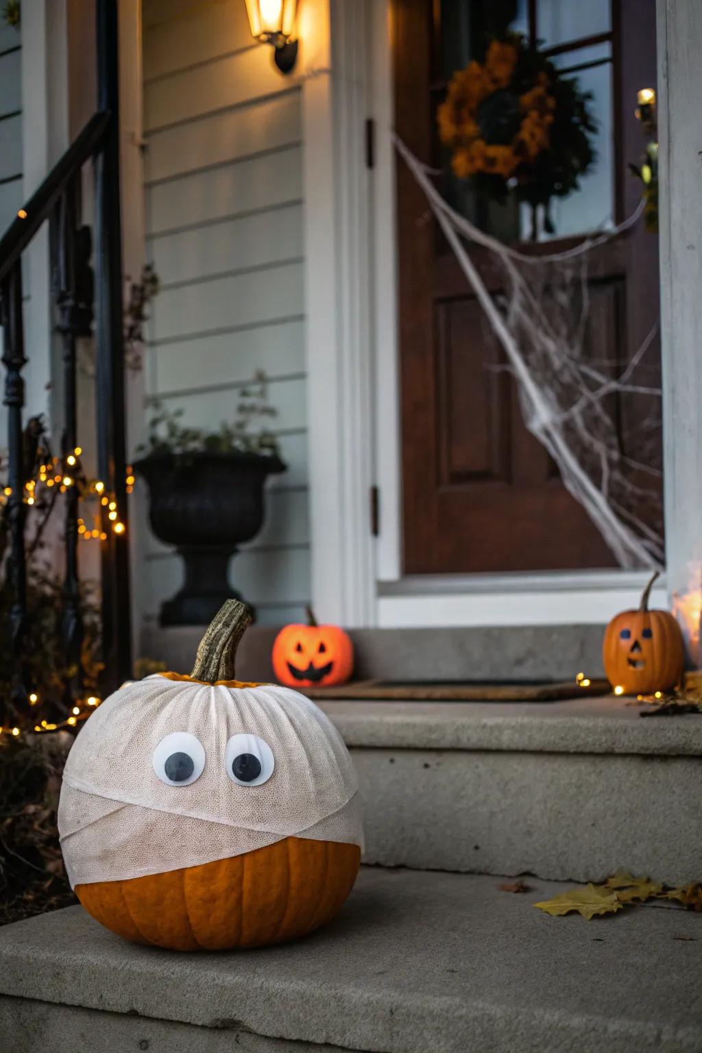 A mummy pumpkin wrapped in fabric strips for a spooky healthcare-themed decoration.