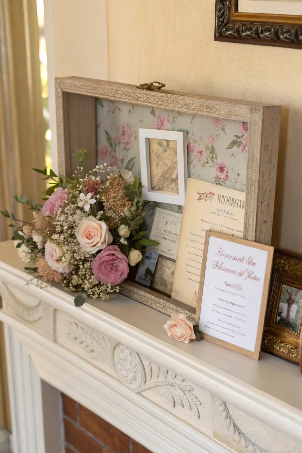 A keepsake shadow box holds cherished wedding memories.