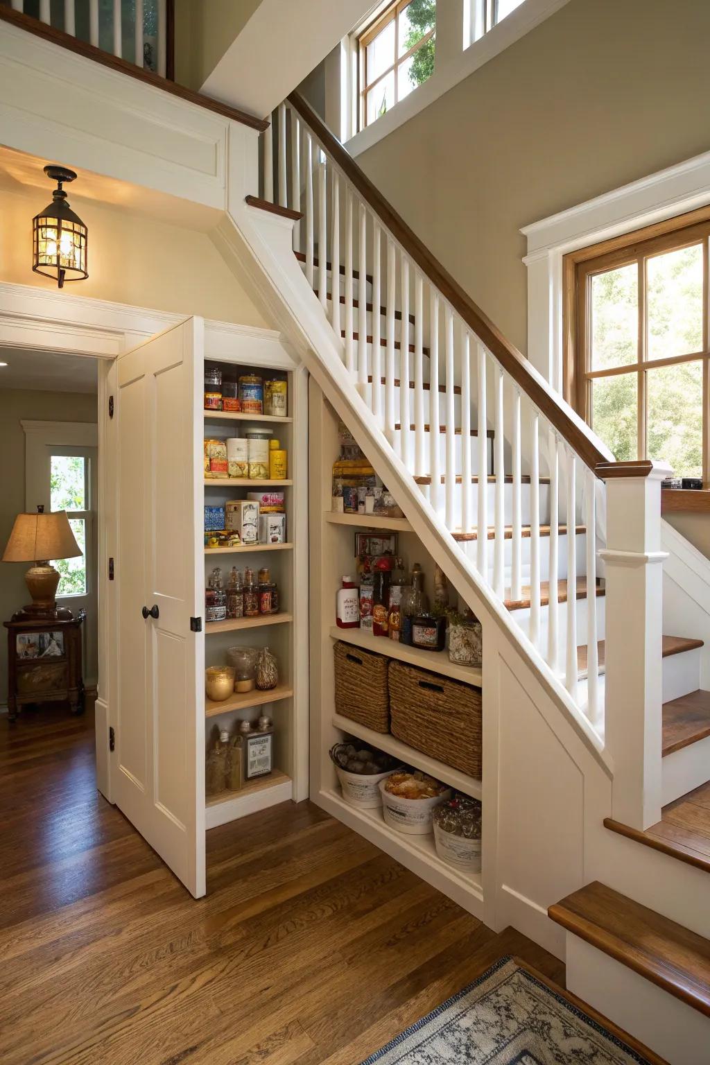 A hidden pantry cleverly tucked away under the staircase.