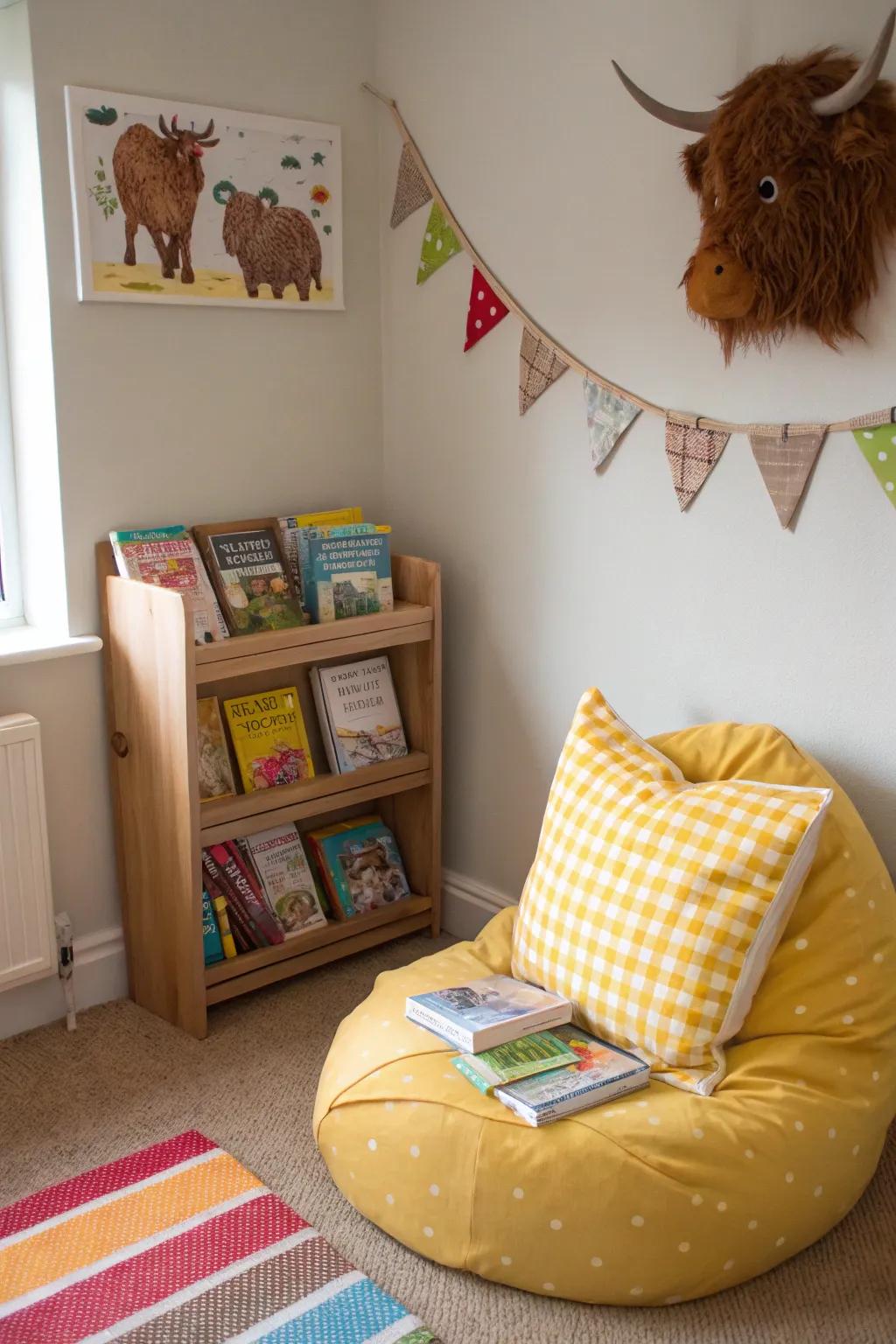A story corner welcomes tranquil moments and creative escapades.