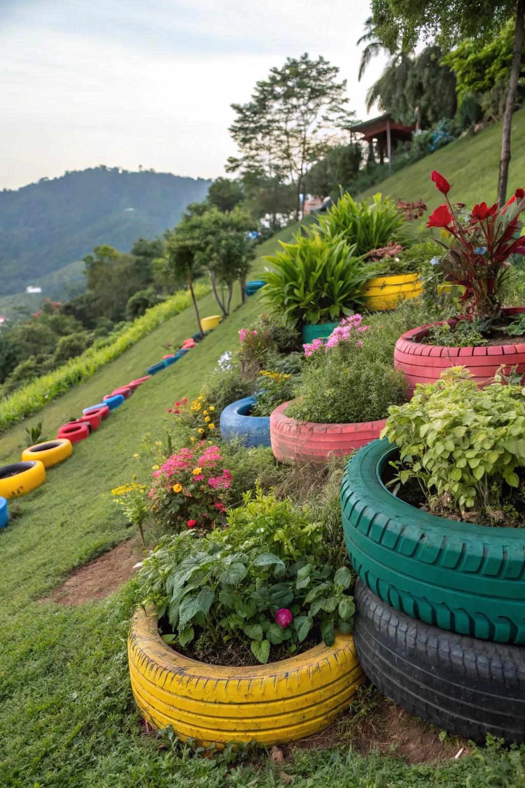 Used tires make imaginative and eco-friendly planters for hillside gardens.