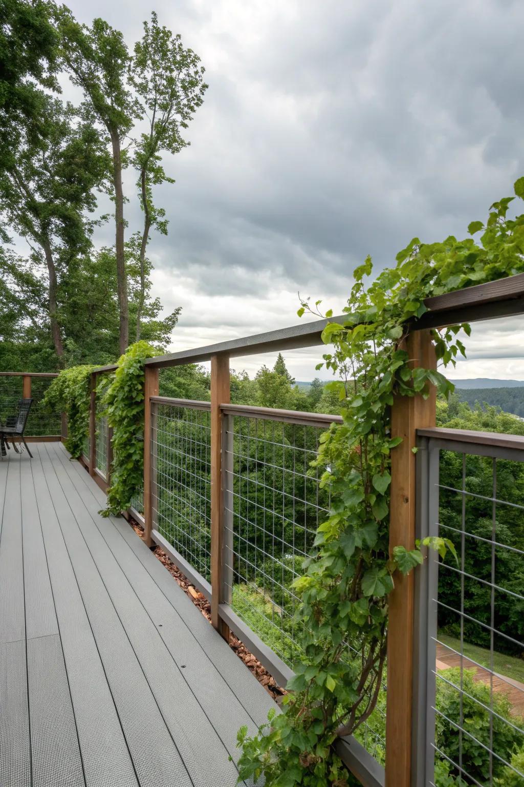 Vines on cable provide natural privacy and lush beauty.