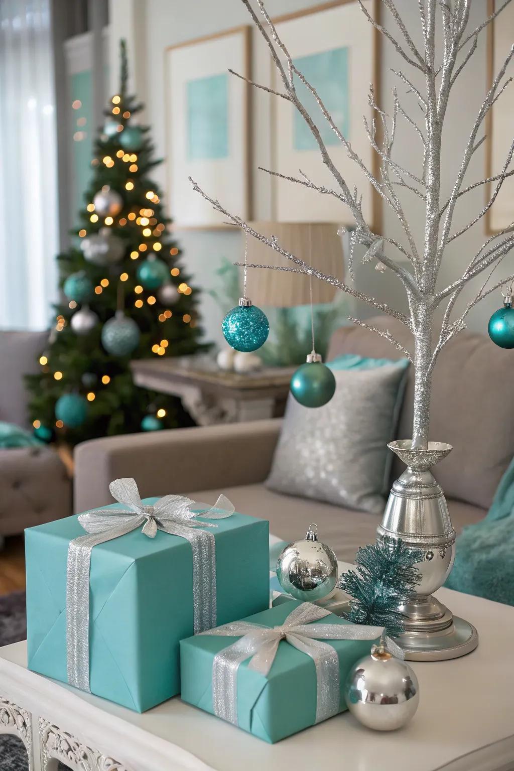 A modern twist with blue-green and silver decor.