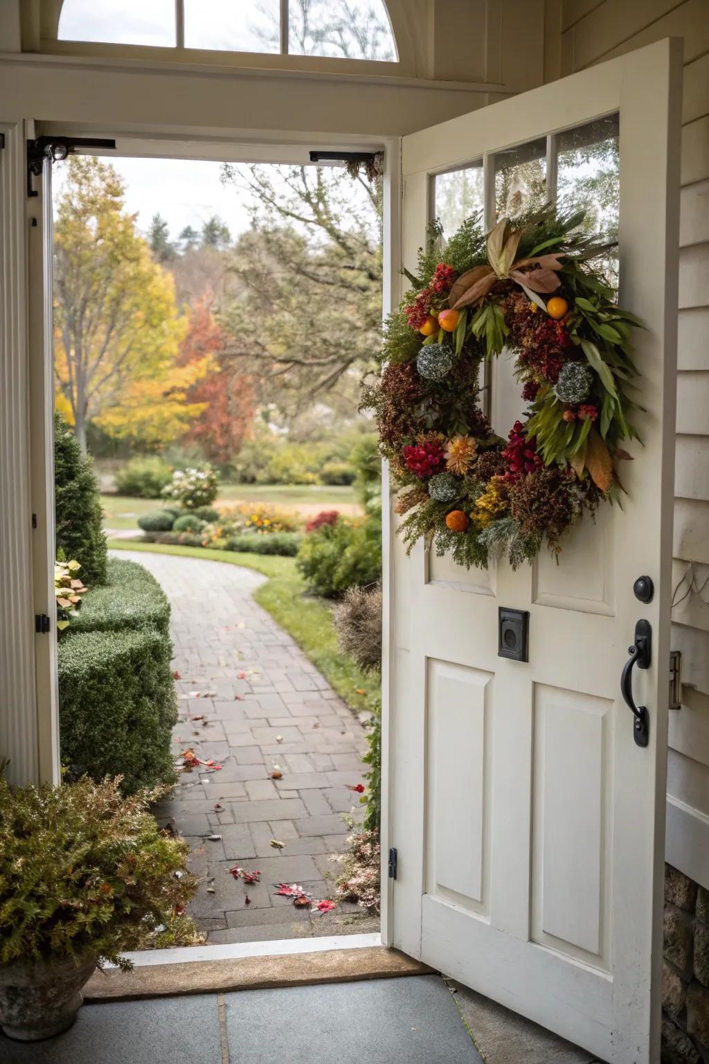 A lively seasonal wreath that adds charm to the entrance.