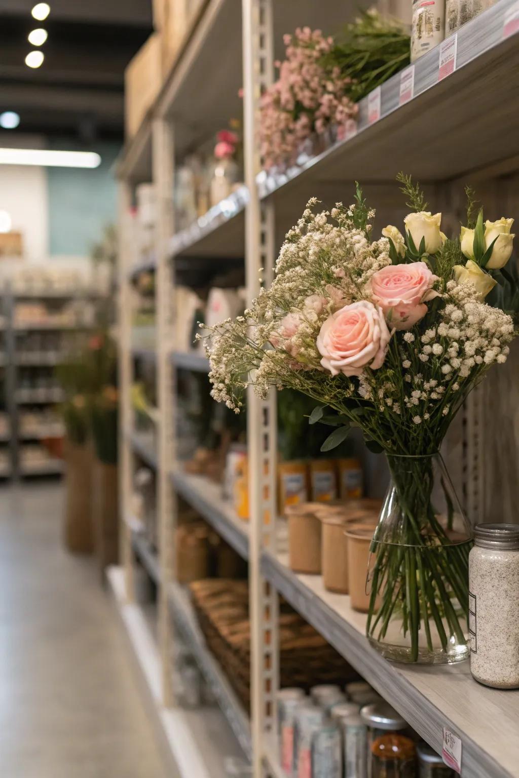 Floral arrangements introduce texture to floating shelves.