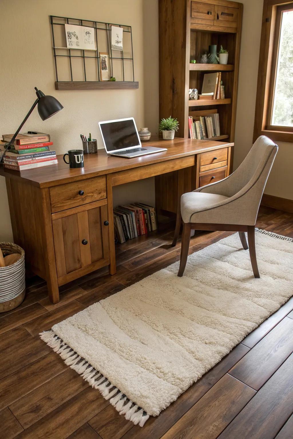 Rugs define spaces and add texture to a home office.