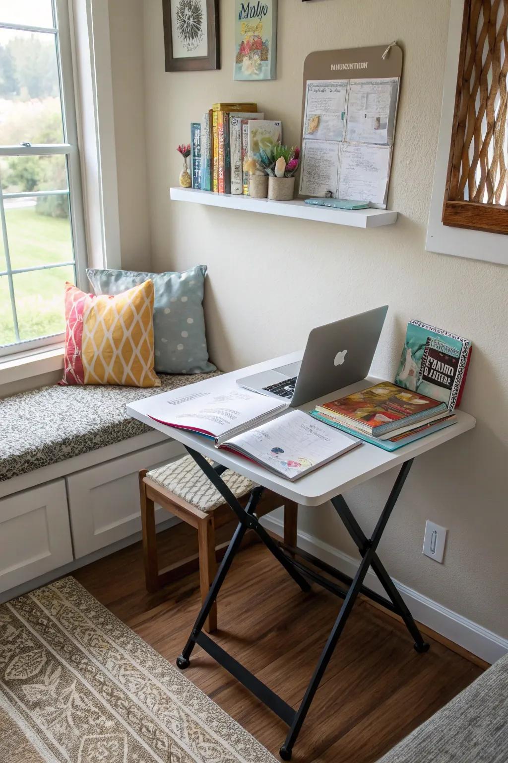 Foldable tables offer flexible workspaces in small areas.