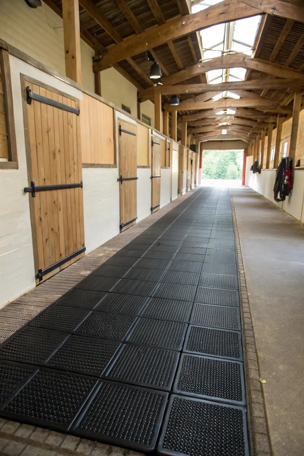 Rubber rollouts deliver a practical, cushioned flooring remedy for barn passageways.