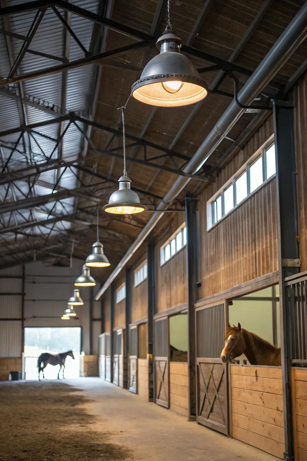 Industrial fixtures add a chic, modern edge to the barn lighting.