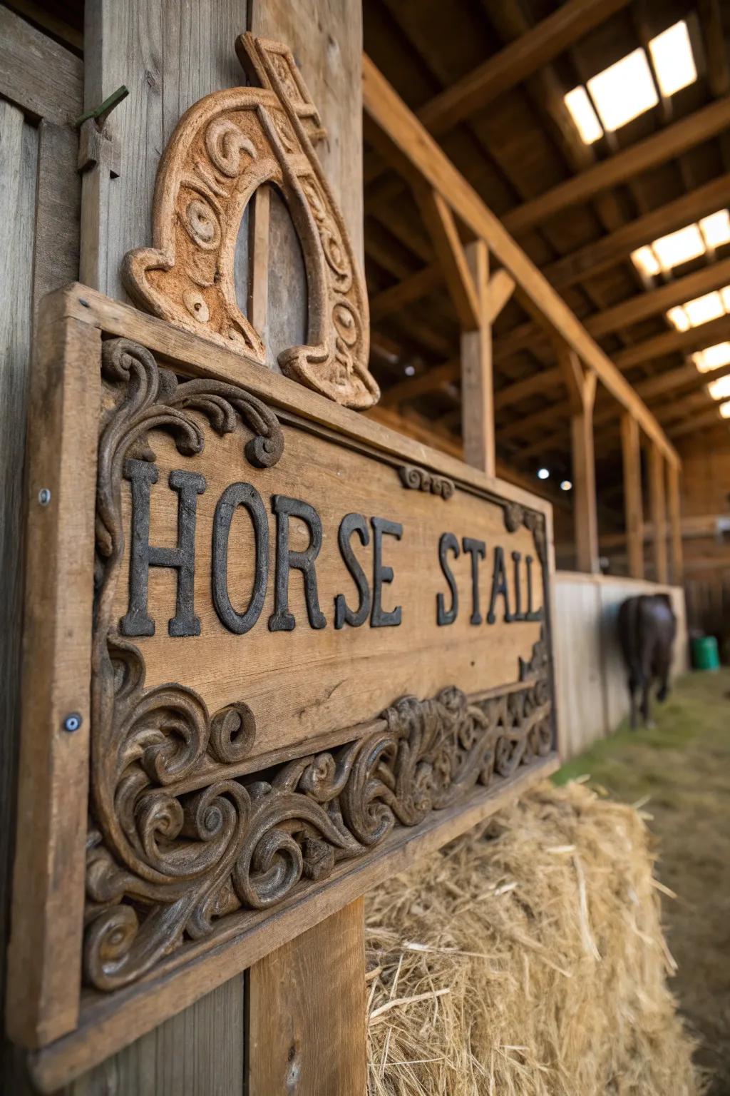 Detailed etched timber particulars on a stable marker.