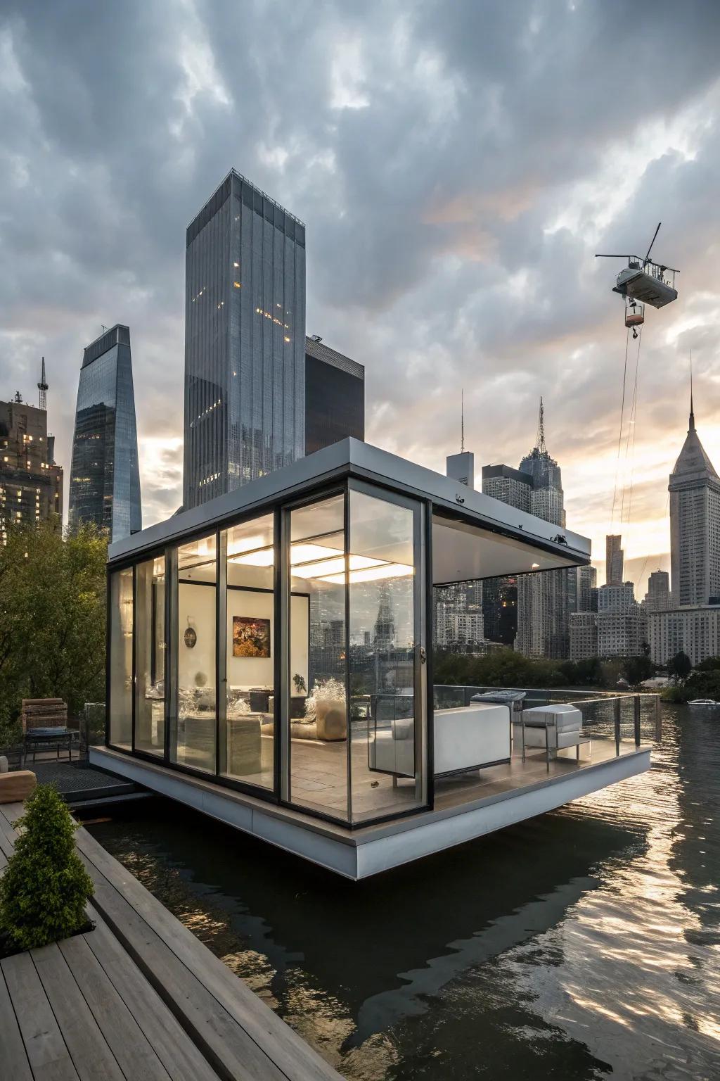 An elevated room extension providing a unique architectural feature.