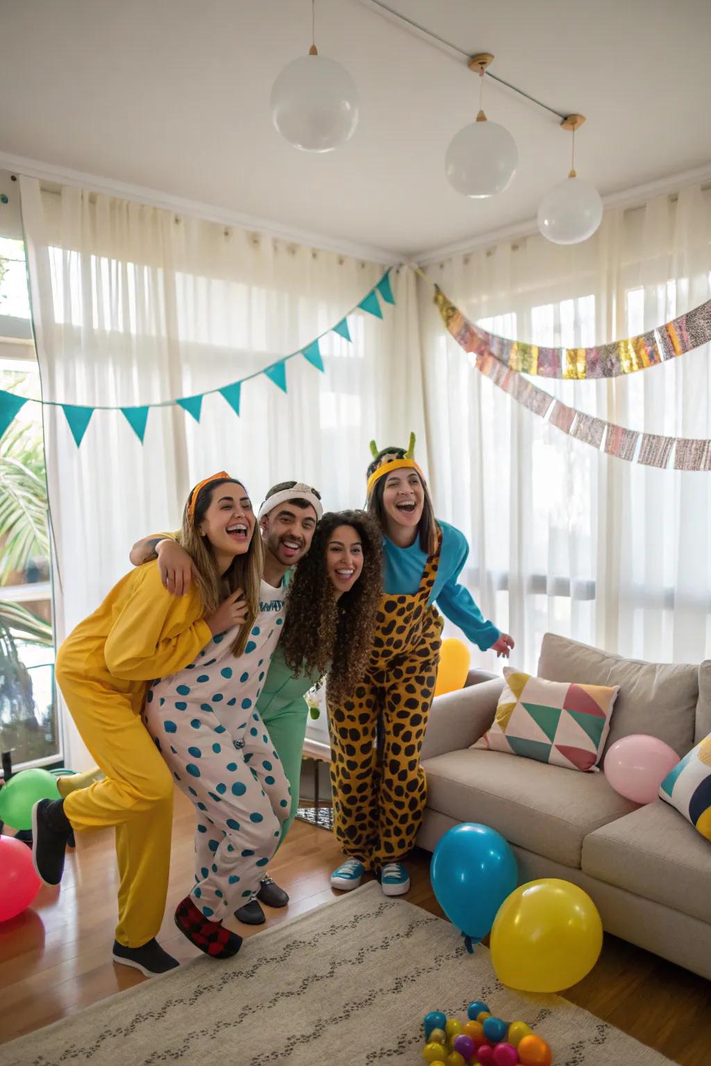 Guests enjoying a themed dress code at a housewarming party