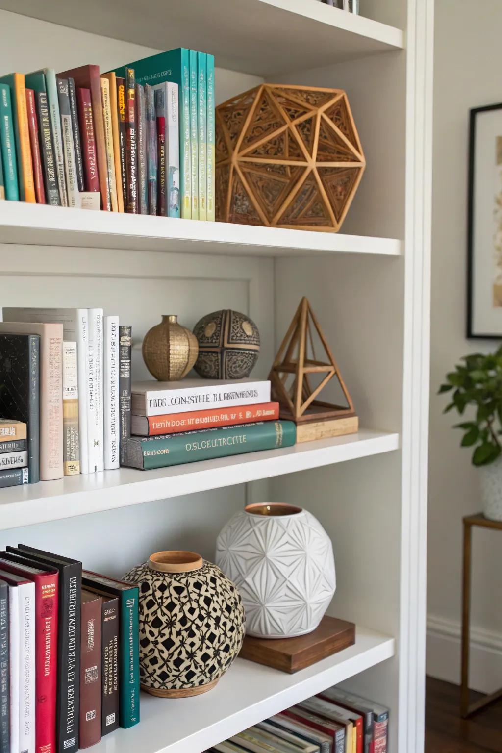 Bookshelf featuring vigorous geometric forms.
