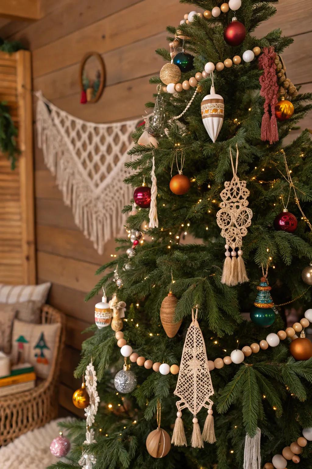 A bohemian Christmas tree exhibiting eclectic decorations and macramé highlights.