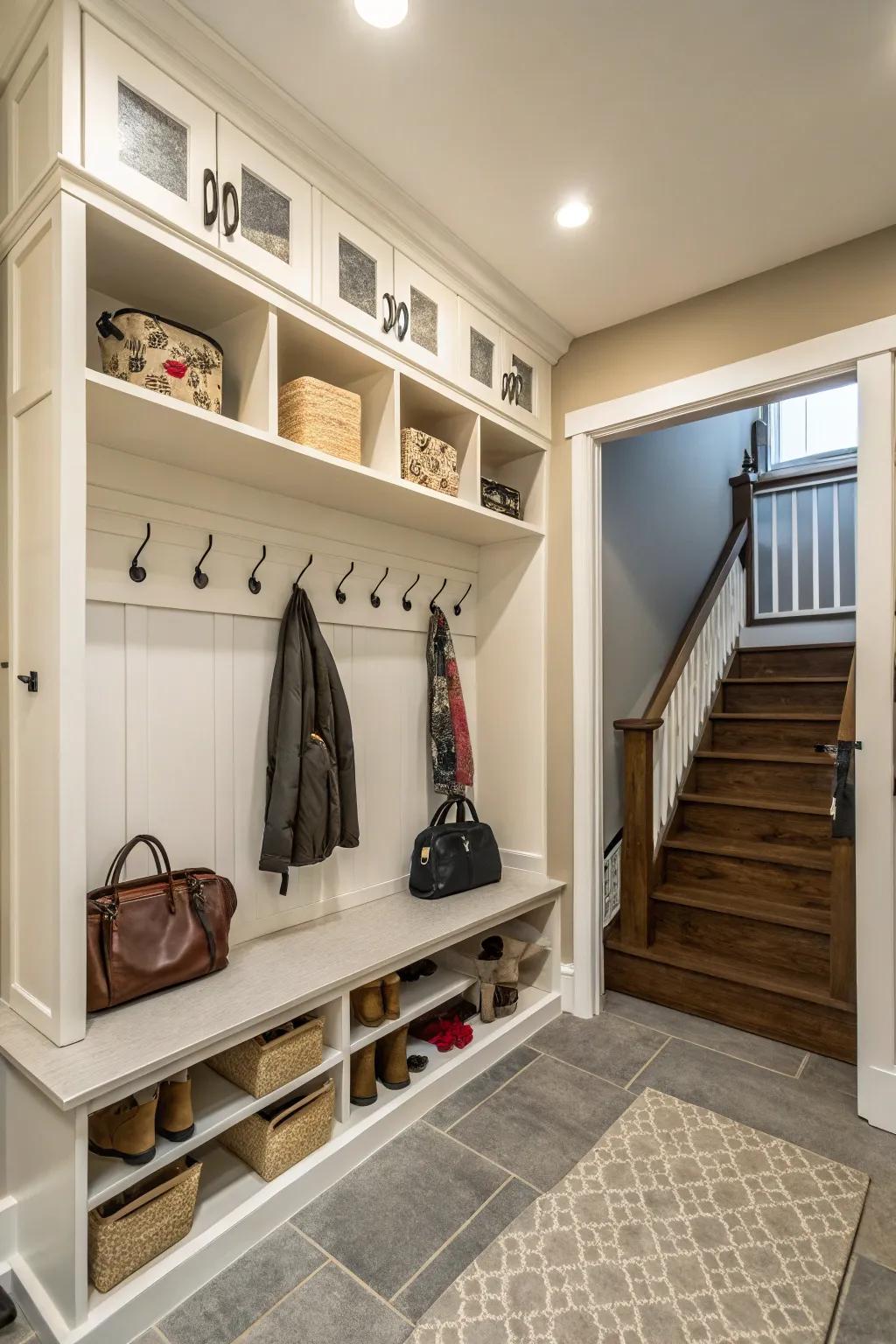 Upright area is maximized with hooks and shelving units for added practicality.