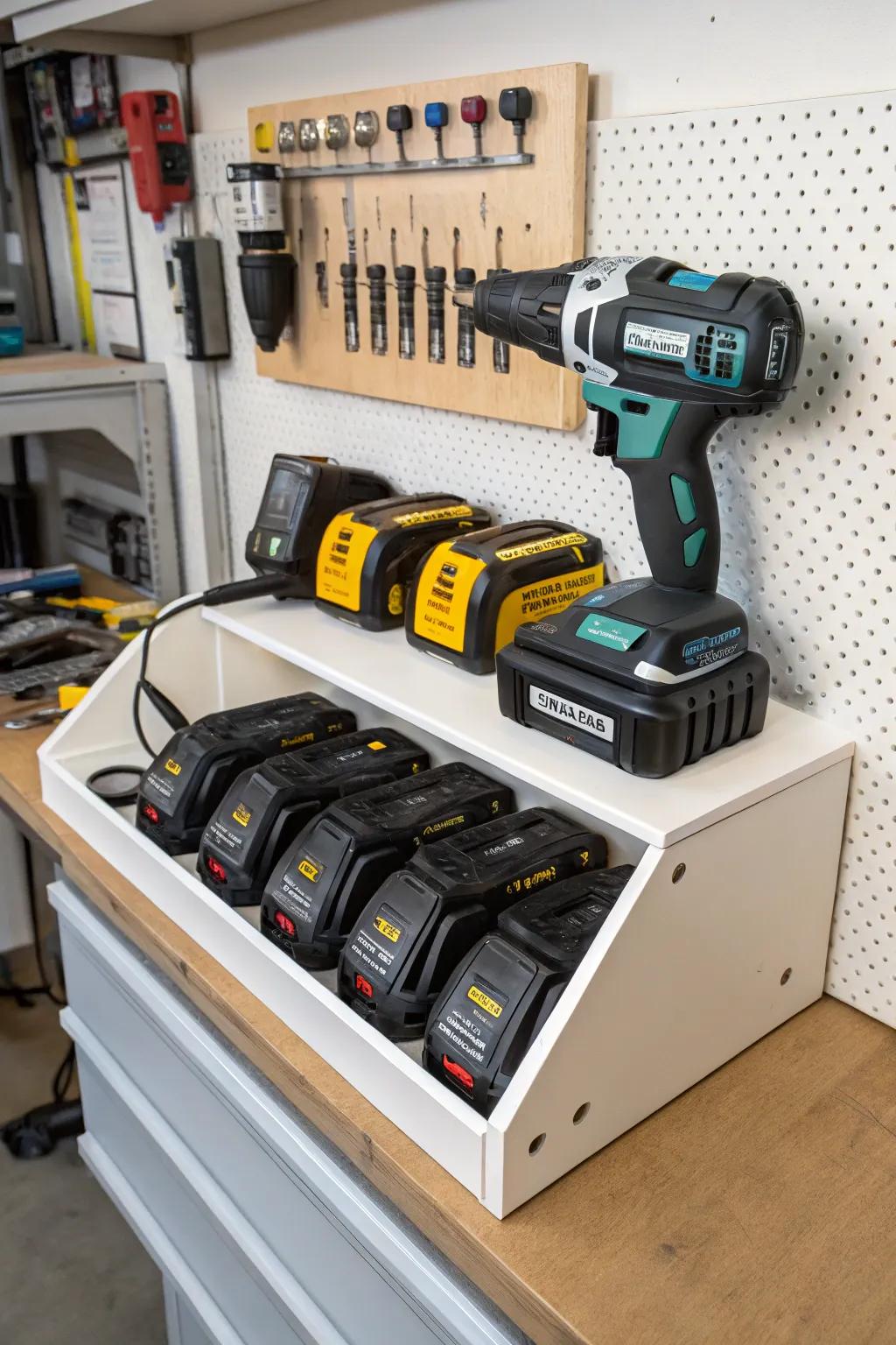 Your power tools are kept charged and organized at a docking station.