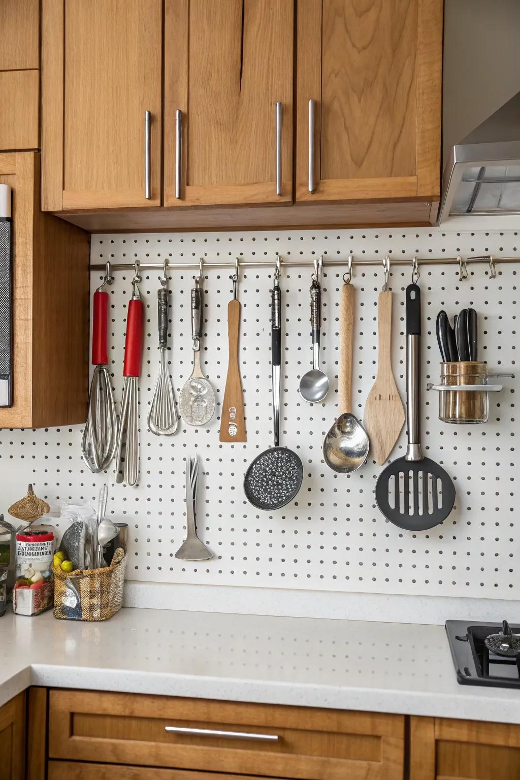 Pegboard changing kitchen tools into practical art.