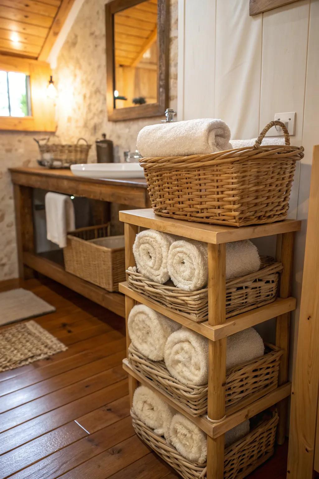 A basket obelisk creates an organized and inviting display.
