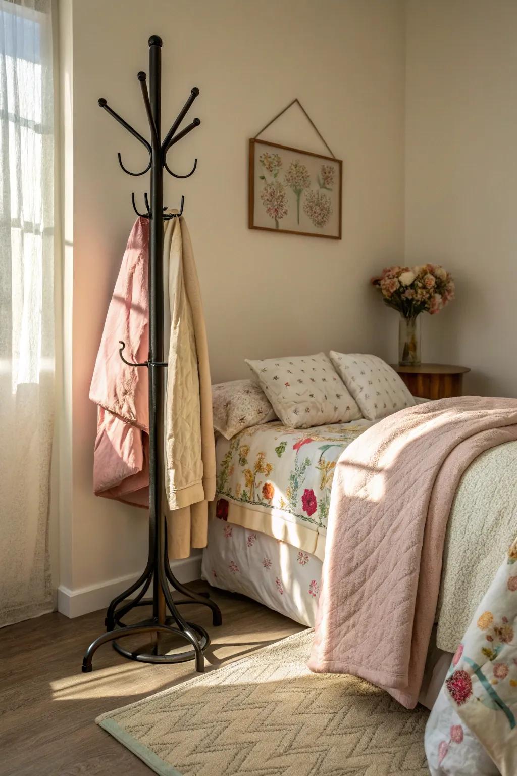 Comforters draped over a coat rack in a bedroom.