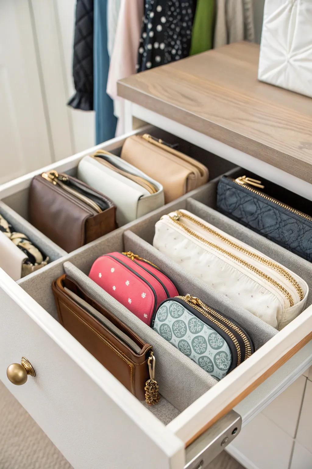 Drawer organizers efficiently storing small purses in a tidy manner.