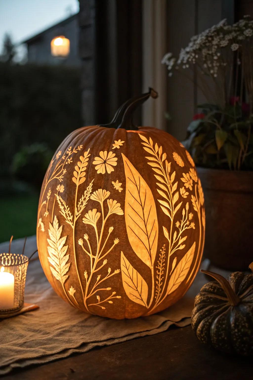 A pumpkin with floral carvings proffering a delicate and nature-inspired design.