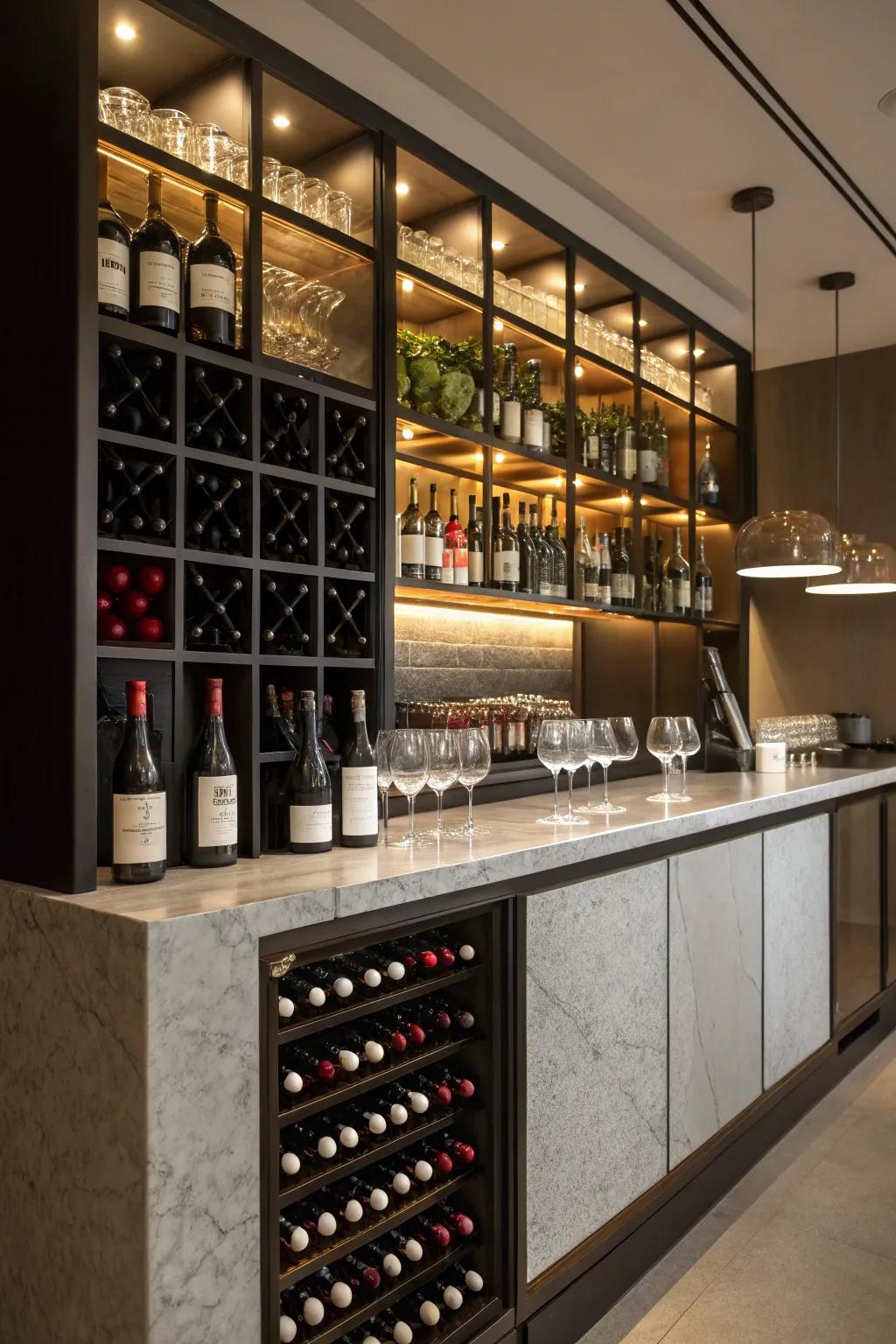 A wine rack adds style and function to your bar area.