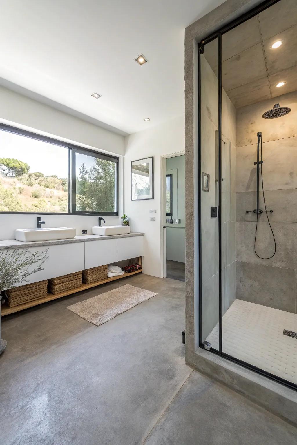 Concrete floors bring stylish, modern design to bathrooms.