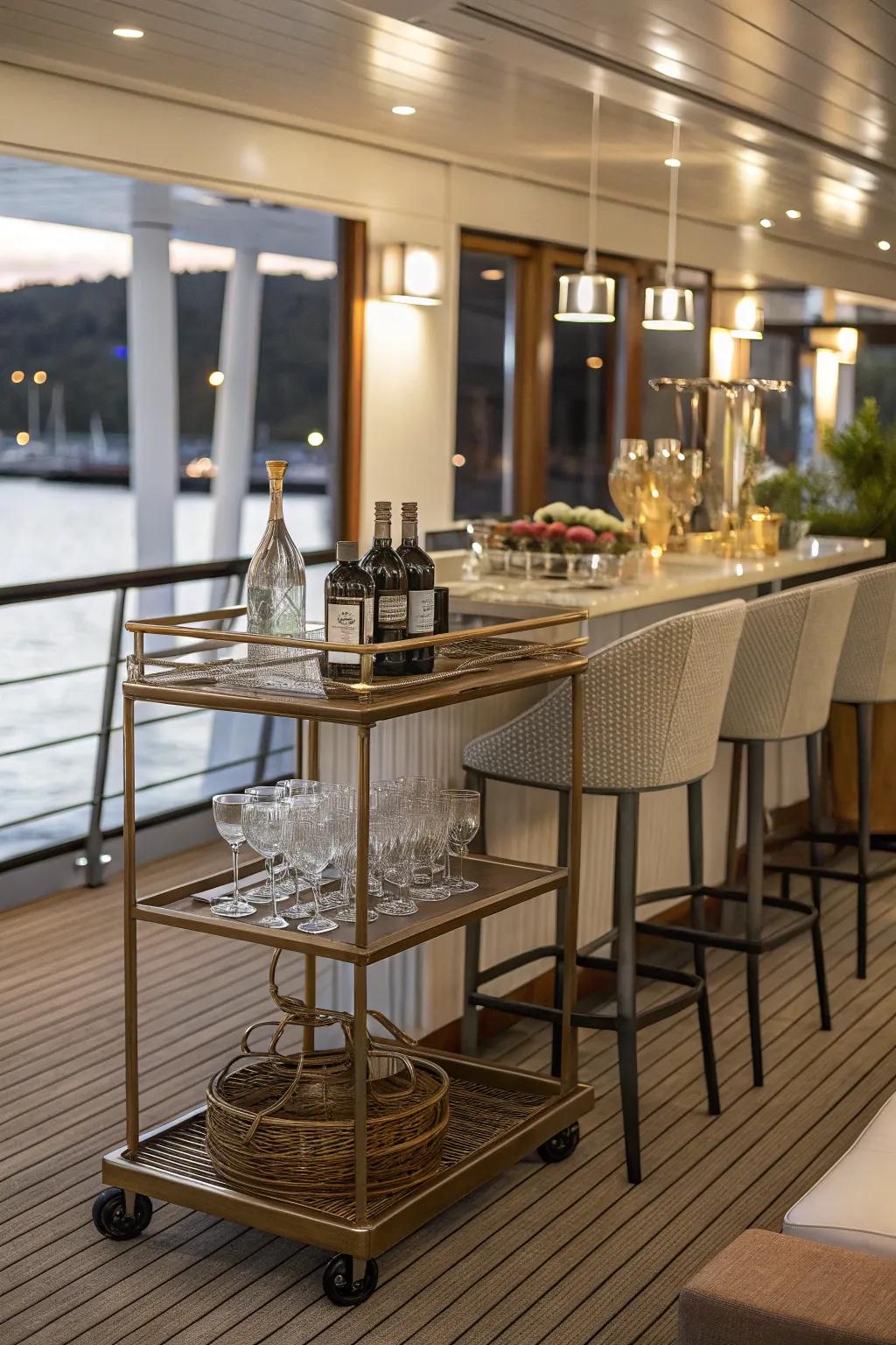 A mobile bar configuration contributes a social facet to this indoor deck.