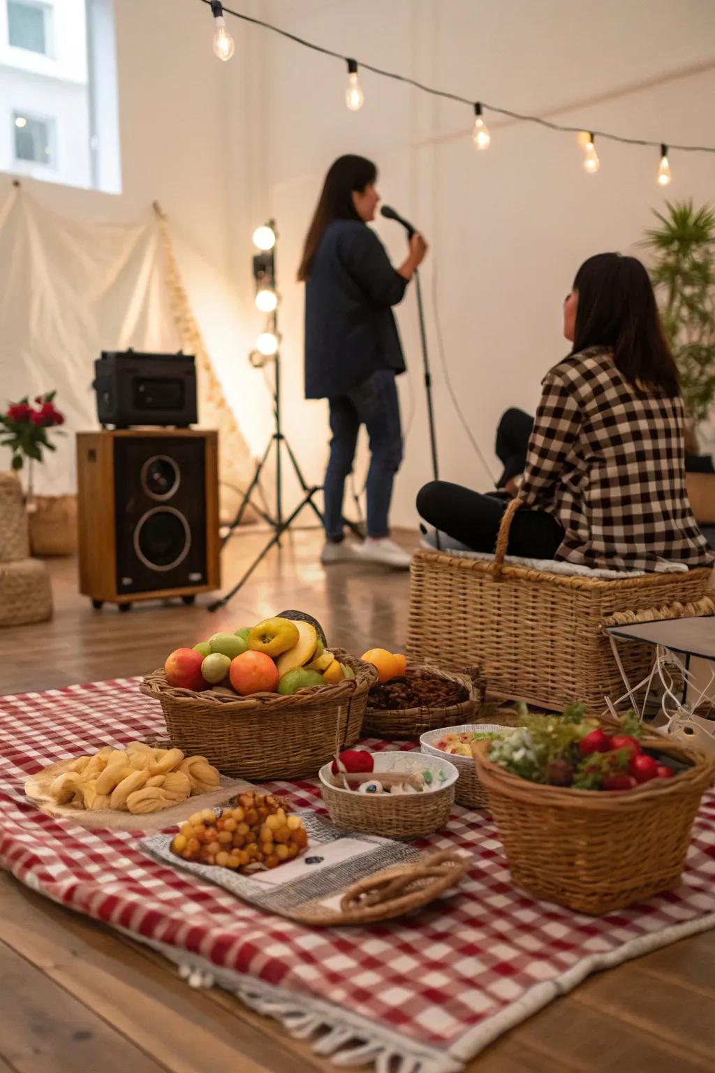 A custom playlist enhances the mood of the inside picnic.