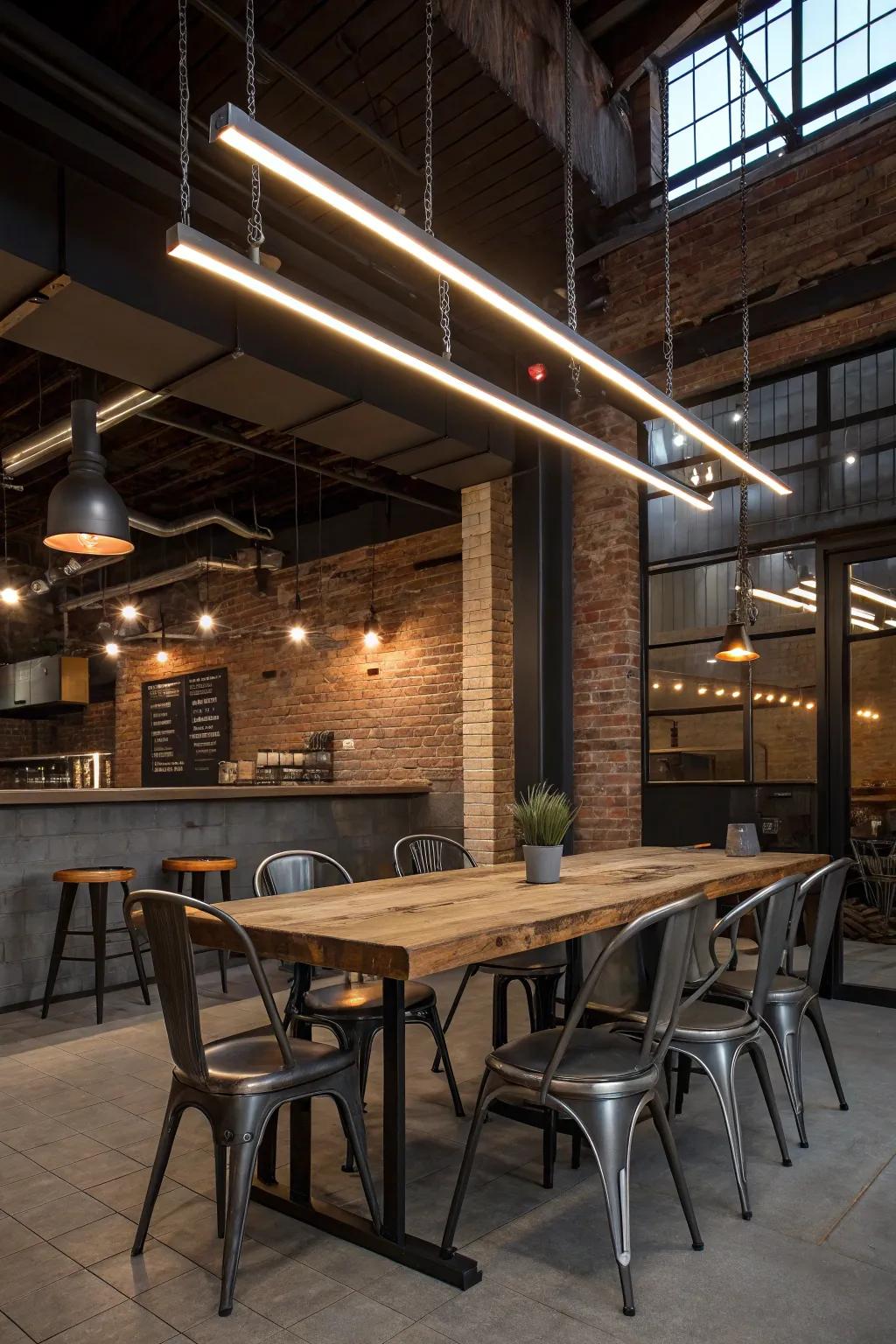Industrial chic dining nook illuminated by linear LED lighting